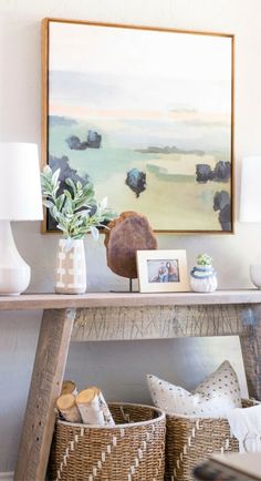 a table with baskets and pictures on it