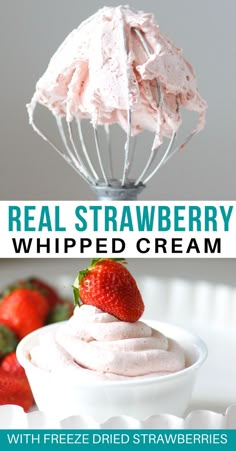 two pictures with strawberries and whipped cream in them