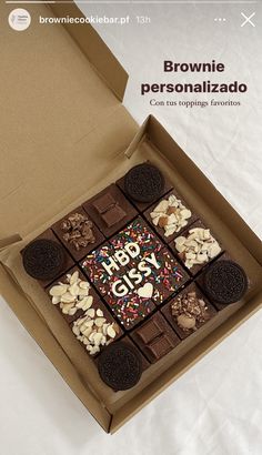 an open box of brownie personalizzado with nuts and chocolate