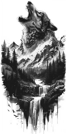 a black and white drawing of a wolf with its mouth open in front of a waterfall