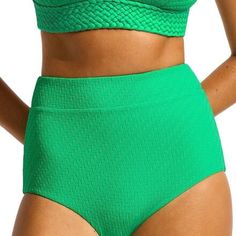 Wavelength High Waisted Bikini Bottom - Women's Green High-cut Leg Swimwear For Beach Season, Green High-cut Leg Swimwear For Vacation, Green High-cut Leg Swimwear, Green High-waist Swimwear For Pool, High Waist Green Swimwear For Pool, Green High-waist Tankini For Swimming, Green High Waist Tankini For Beach Season, Textured Swimwear For Poolside, Textured Fitted Swimwear For Beachwear