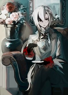 an anime character sitting on a chair with flowers in front of her and holding a plate