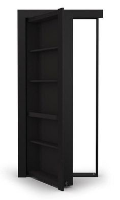 an open bookcase with shelves on each side and one door opened in the middle