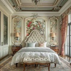 an ornate bedroom with floral wallpaper and chandelier