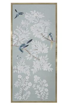 two birds are sitting on a branch with white flowers