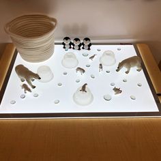 several plastic animals on display in a room