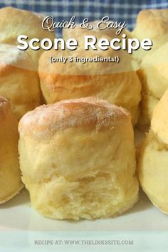 there are several rolls on the plate with some powdered sugar in them and text overlay that reads, quick & easy scone recipe only 3 ingredients