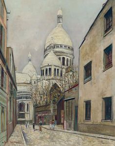 an oil painting of people walking down a street in front of a building with a dome on top