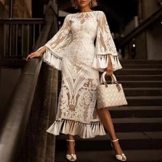 Women's Spring High-Waist O-Neck Long-Sleeved Dress | ZORKET White Lace Party Dress, Lace Party Dresses, Tassel Dress, فستان سهرة, Boho Lace, Maxi Robes, Straight Dress, Hip Dress, Lace Fashion