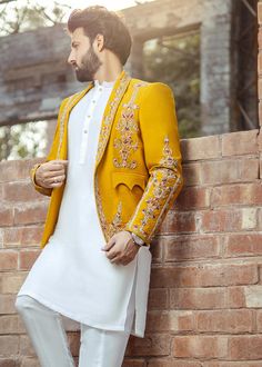 Prince Coat Mustard - Laam Prince Coat For Men, Kurta Designs Men's, Mens Traditional Wear, Prince Coat, Haldi Outfits, Easy Diy Clothes