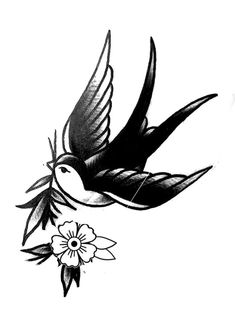 a black and white drawing of a bird with flowers