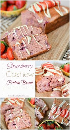 strawberry cashew protein bread with strawberries and cream drizzled on top