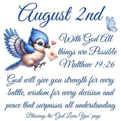 a blue bird with an envelope in it's beak and the words august 2nd