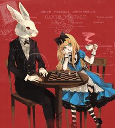 two people sitting at a table with chess in front of them, one wearing bunny ears and the other holding a rabbit's head