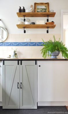 a kitchen with white cabinets and blue tile backsplashing, potted plant on the counter