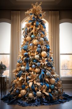 a decorated christmas tree with blue and gold ornaments