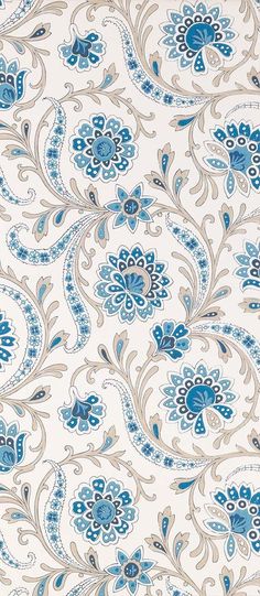 a blue and white wallpaper with flowers on it