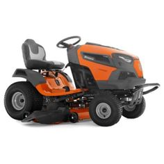 an orange riding lawn mower on a white background with the seat down and one wheel out