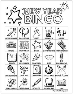 a new year's eve bingo game with symbols and words on the front page