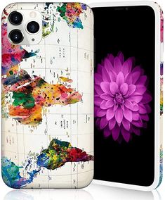 an iphone case with a purple flower on the front and back cover in different colors