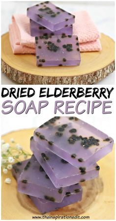 homemade soap recipe with dried elderberry on top and lavender in the middle for cold weather