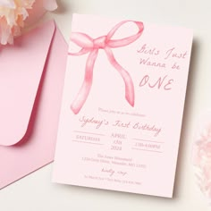 Preppy Template, Girls Just Wanna Be One Birthday, Light Pink Party Decorations, Light Pink Party, Birthday Ribbon, Birthday Invitation Pink, Donut Birthday Parties