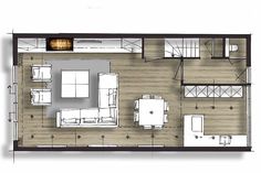 an overhead view of a living room and dining area in a floor plan with wood floors