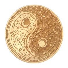 a wooden yin - yang symbol is shown on a white background with an intricate design