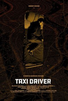 the poster for taxi driver is shown in black and orange tones, with an image of a man laying down