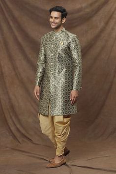 Buy Off White Matka Silk Sherwani Set For Men by Siddartha Tytler Online at Aza Fashions. Green Sherwani, Jacquard Weave, Mandarin Collar, Pocket Square, Aza Fashion, Types Of Sleeves, Off White