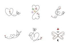 six different types of hearts and butterflies drawn on white paper with colored pencils in the middle