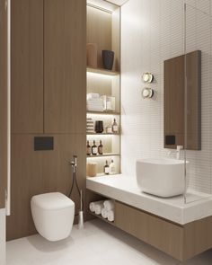 a bathroom with a toilet, sink and shelves