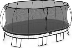 a black trampoline is shown with the net closed and it's bottom half open