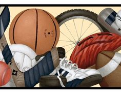 a painting of various sports items and shoes