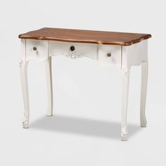 a white and wood table with drawers on one side, in the shape of a desk