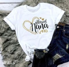 Blessed Nana Glitter T-Shirt, Blessed Nana T-Shirt, Gifts for Nana, Cute Nana Shirts Grandkids Shirt Ideas, Mothers Day Shirts Ideas, Gold Tops With Letter Print For Gifts, Gold Crew Neck Top As Gift, Gold Short Sleeve Top As Gift, Nana Shirts Vinyl, Nana Shirts Ideas, Grandma Shirt Ideas, Grandparents Shirts