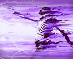 an abstract painting of a skeleton holding a tennis racquet in the air with purple hues