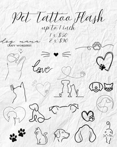 a sheet of paper with some drawings on it and the words pet tattoee flash