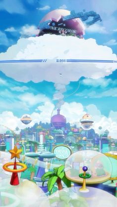 an image of a futuristic city in the sky with clouds and palm trees on it