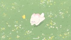 an animal is laying in the grass with flowers and a butterfly flying by it's side