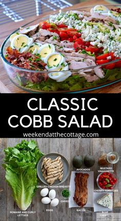 an image of a cobb salad in a glass bowl on a wooden table with ingredients to make it