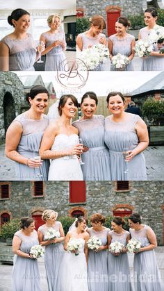 the bride and her bridesmaids are posing for pictures