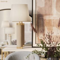 a living room scene with focus on the table lamp and vases in the foreground