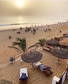 the beach is crowded with people and umbrellas