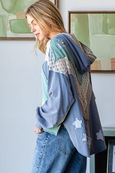 Long Sleeve Star Print Outerwear For Fall, Blue Star Print Outerwear For Fall, Winter Outerwear With Star Patch And Long Sleeves, Winter Long Sleeve Outerwear With Star Patch, Spring Outerwear With Star Patch And Long Sleeves, Patched Jacket, Umgee Clothing, Thml Clothing, Star Patches