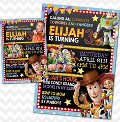 two personalized toy story birthday cards with the characters from toy story, including woody and buzz