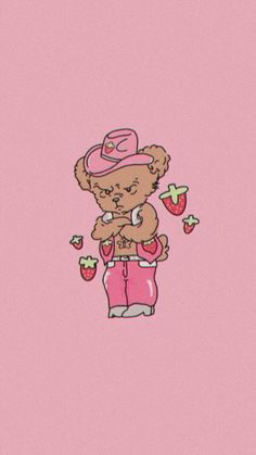 a teddy bear wearing a pink hat and bathing suit with strawberries in her hands