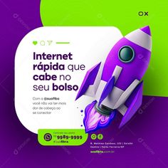 a purple and white advertisement with a rocket in the center, on top of a green background