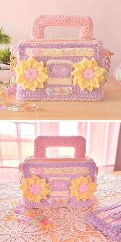 two pictures of the same handbag with flowers on it, one is made out of crochet