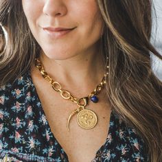 Chunky Link Chain with Lapis Bead – Modatrova Tusk Pendant, Chunky Statement Necklace, Antique Coins, Pendant Bails, Engraved Design, Jennifer Fisher, Choker Style, Coin Jewelry, Coin Necklace